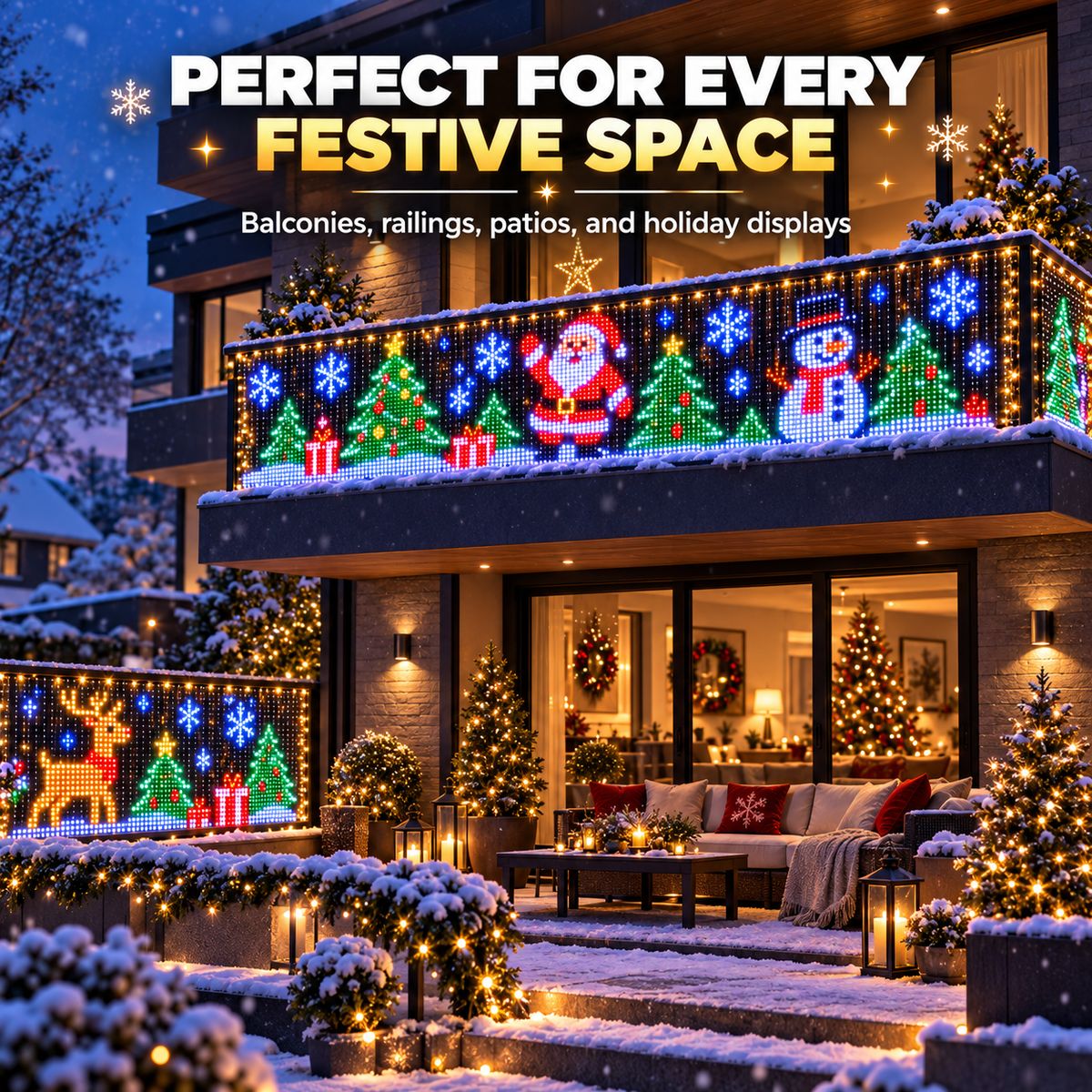 Pixel Christmas lights used across balcony railing and festive home display spaces