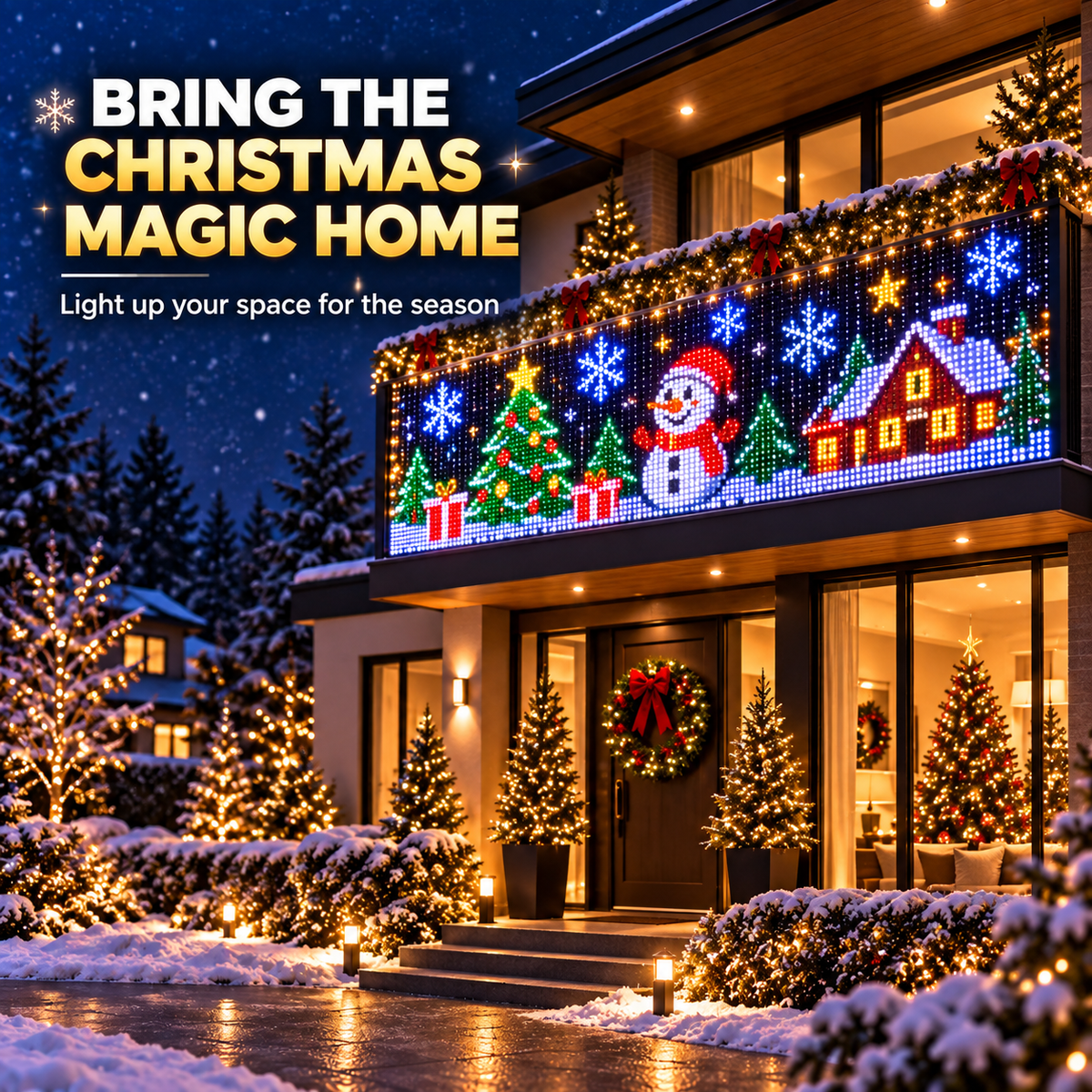 Large Christmas pixel scene displayed across the front balcony of a house