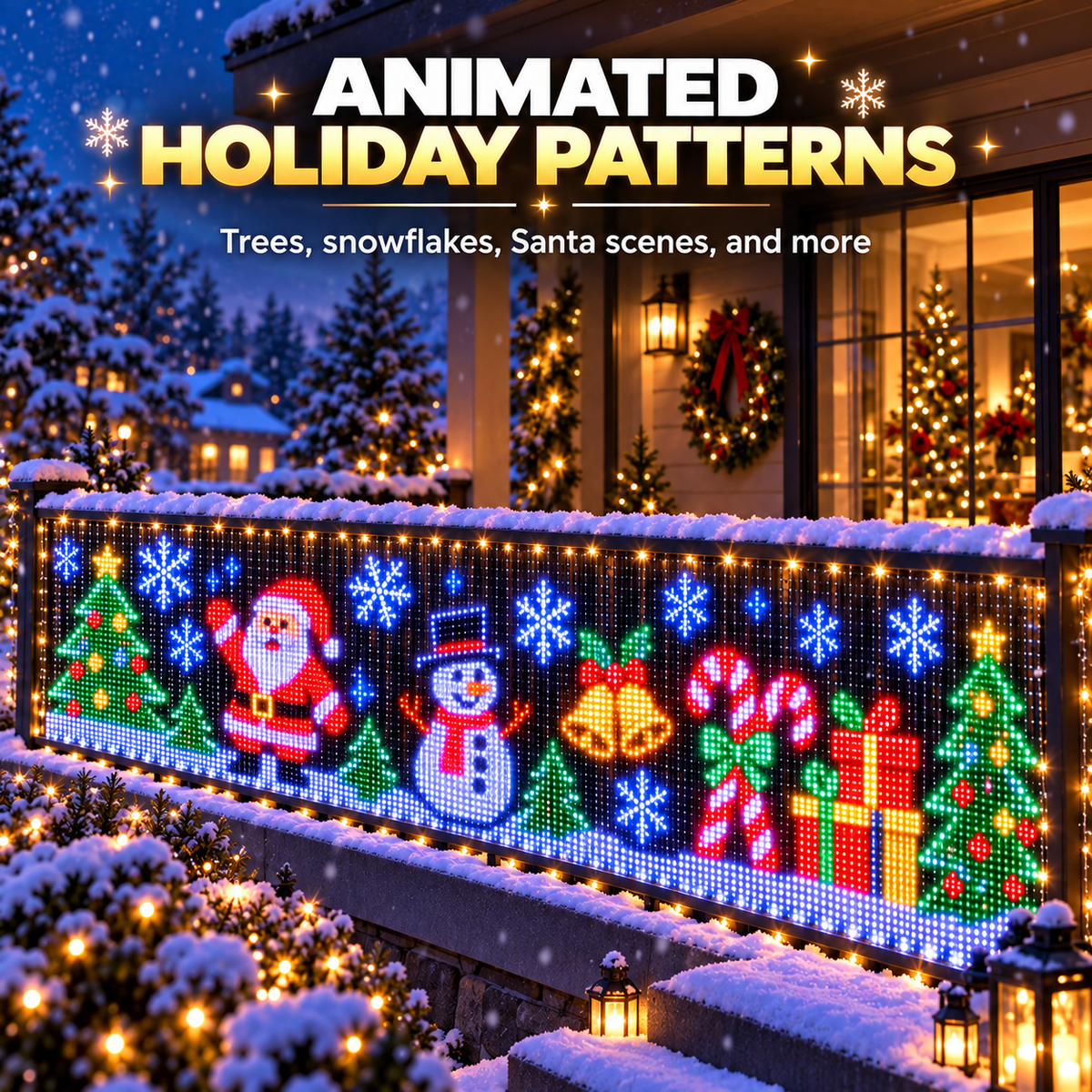 Animated Christmas pixel patterns featuring Santa snowman bells candy canes gifts and trees