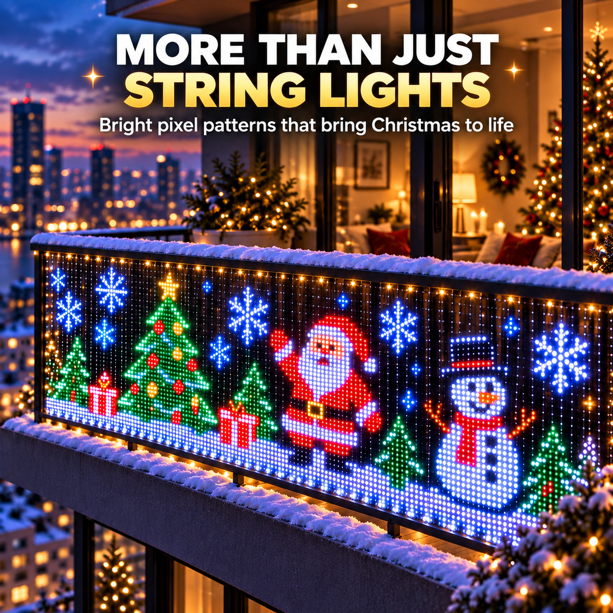 Christmas pixel display creating Santa snowman tree and snowflake images across a balcony