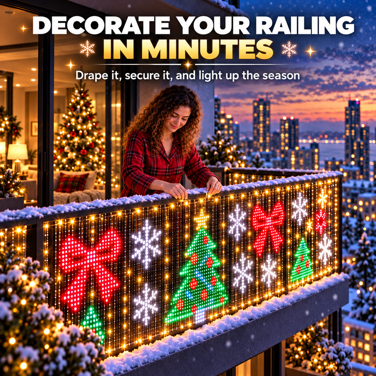 Christmas pixel curtain being positioned along a balcony railing