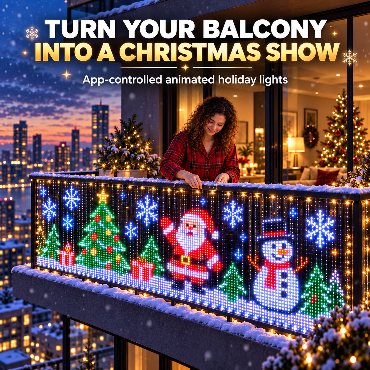 Christmas pixel curtain display with Santa snowman Christmas trees and snowflakes on a balcony