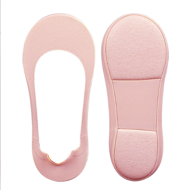 Pink cushioned no-show sock front and padded underside