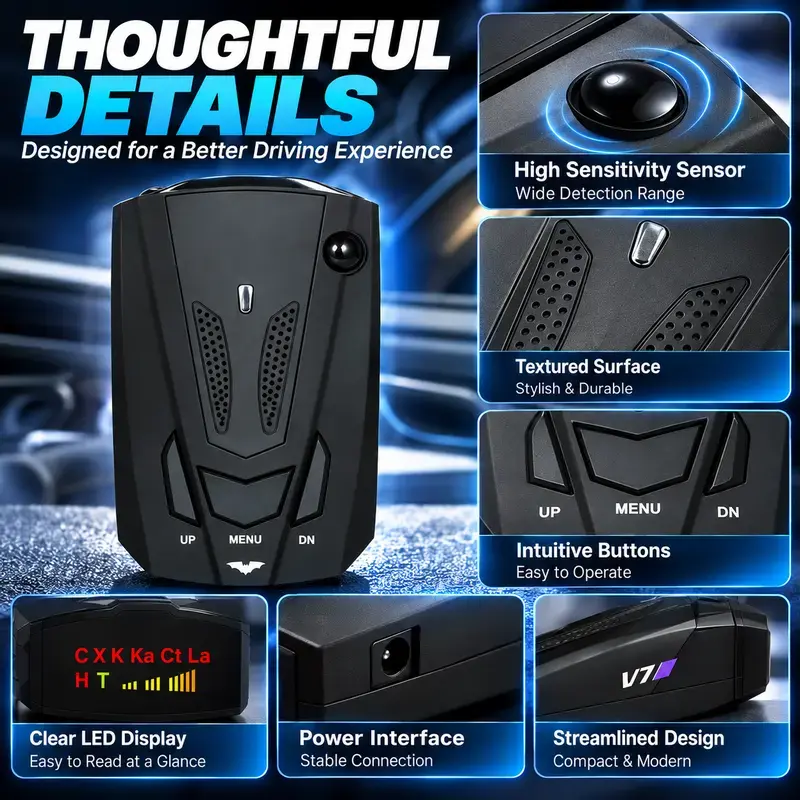 🚗 V7 Multi-Band Radar Alert Detector – Voice & LED Alerts, City/Highway Modes
