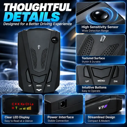 🚗 V7 Multi-Band Radar Alert Detector – Voice & LED Alerts, City/Highway Modes