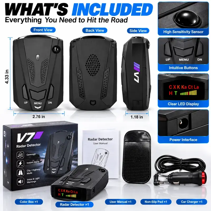 🚗 V7 Multi-Band Radar Alert Detector – Voice & LED Alerts, City/Highway Modes