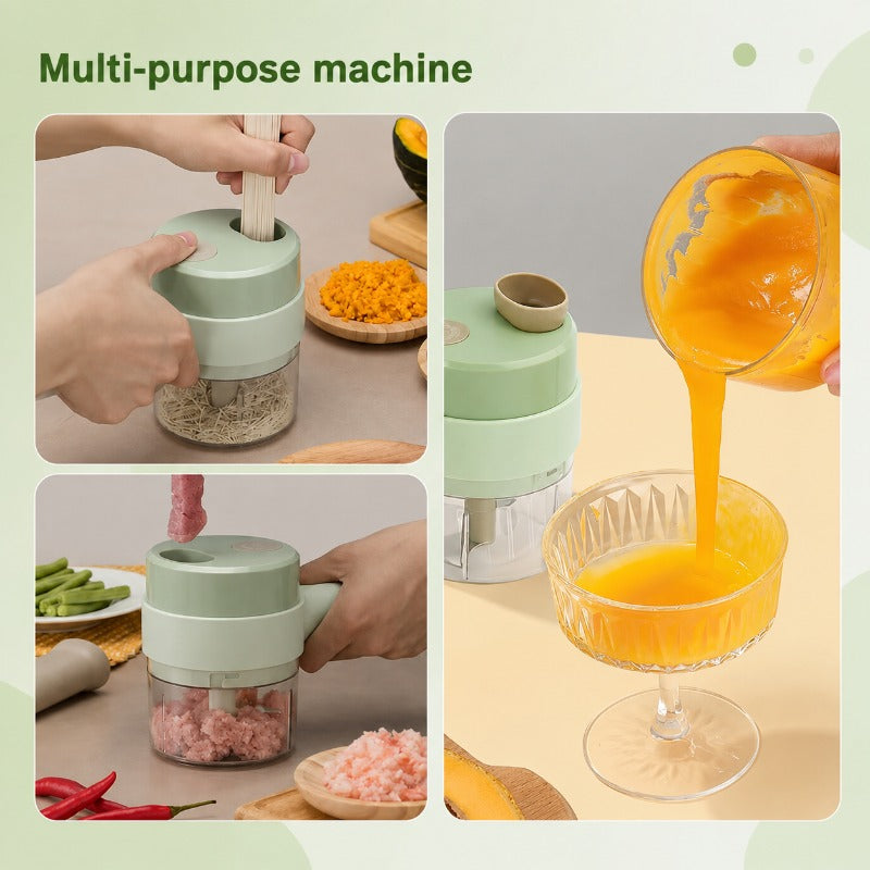 Cordless food chopper used for slicing vegetables and chopping food in enclosed cup