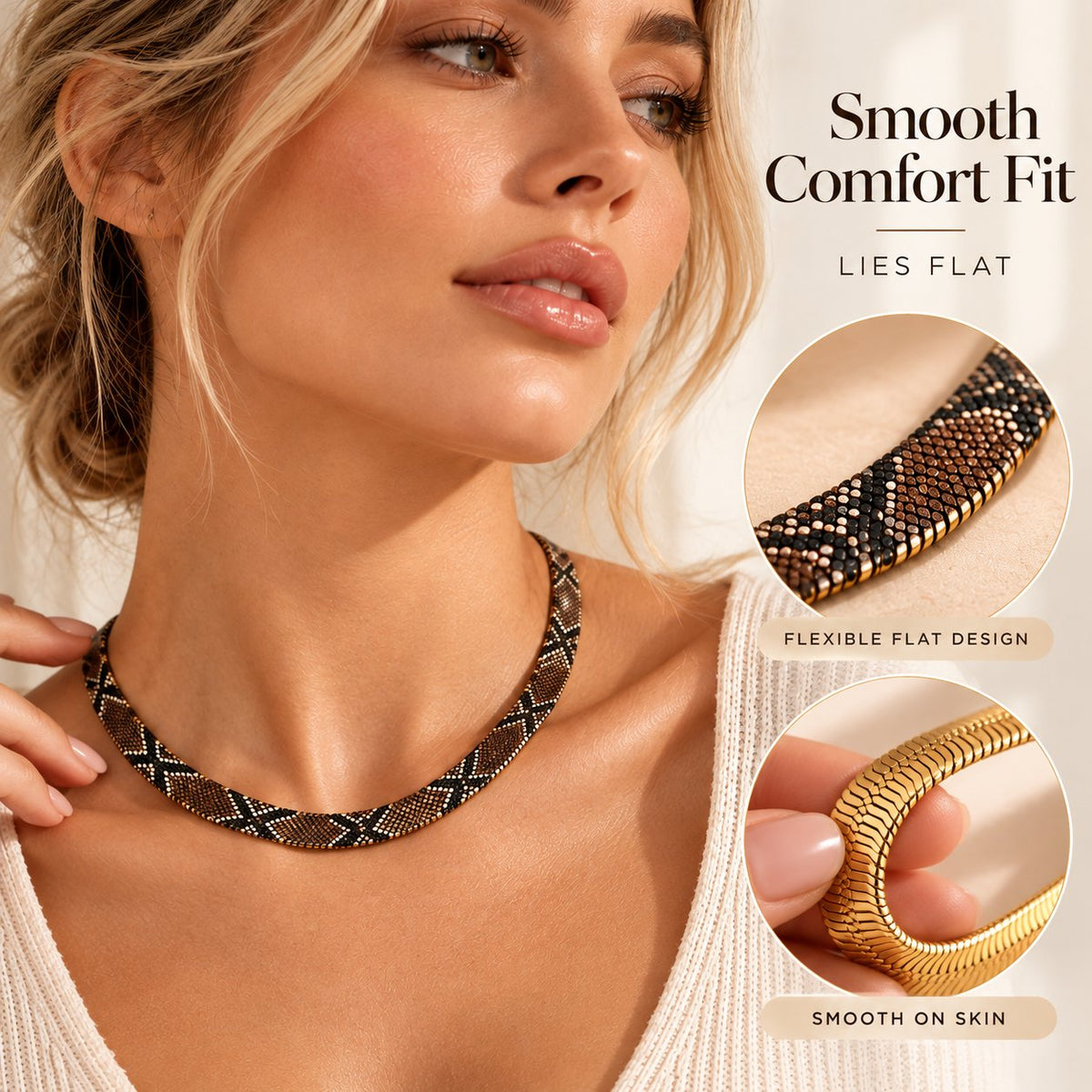 Flexible flat herringbone necklace lying along collarbone