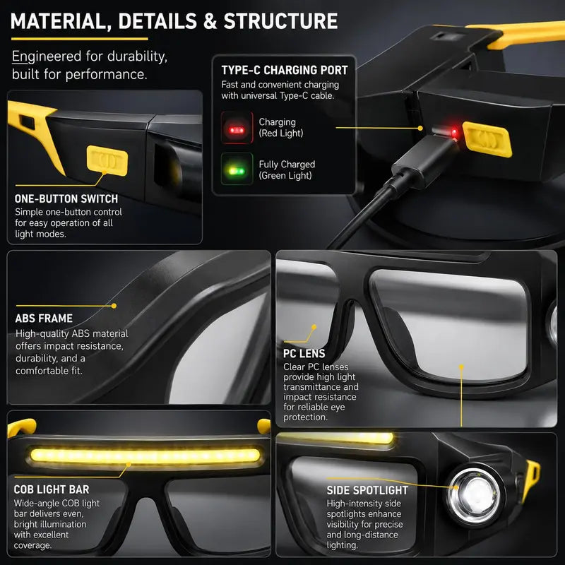 🔥 Hands-Free LED Work Glasses – Wide Front Beam + Dual Side Spotlights