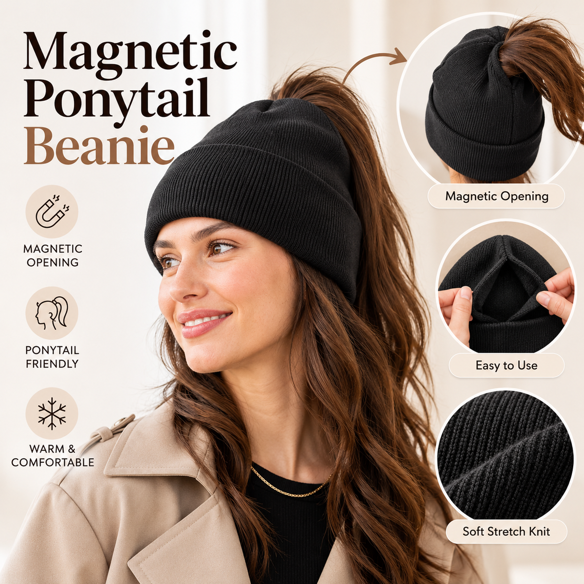 ❄️ Magnetic Ponytail Beanie – Keep Your Hair Up & Ears Cozy