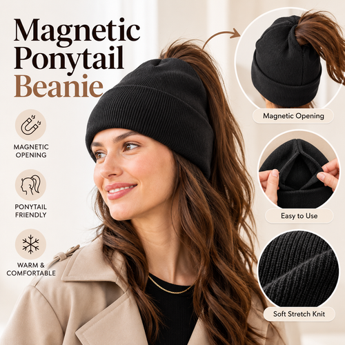 ❄️ Magnetic Ponytail Beanie – Keep Your Hair Up & Ears Cozy
