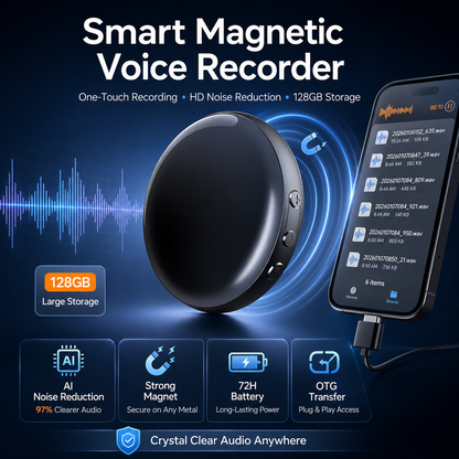 🎙️ Smart Magnetic Voice Recorder – One-Touch Recording with Noise Reduction & OTG Transfer
