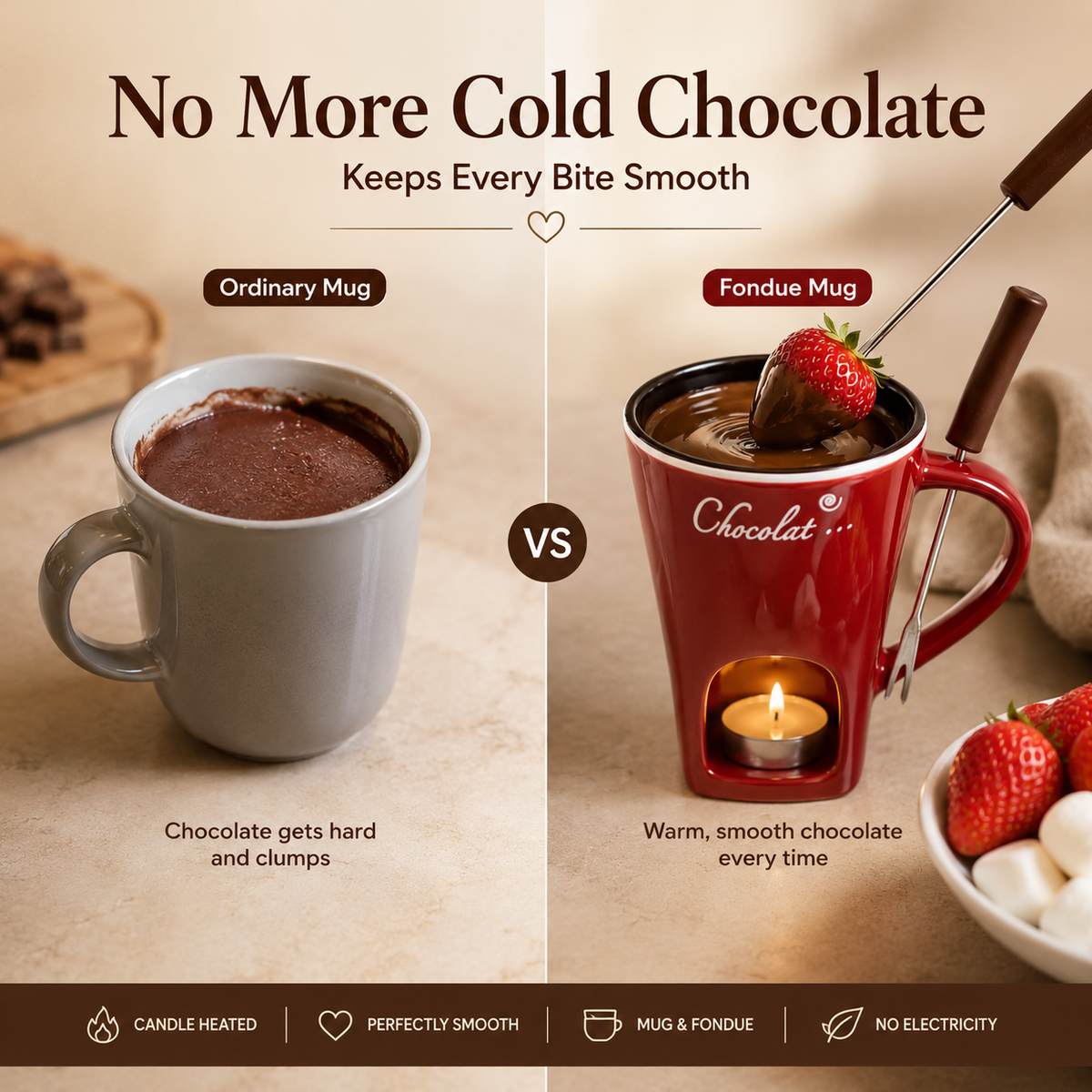 🍫 Ceramic Chocolate Fondue Mug Set – Tealight Warmer with Dipping Fork