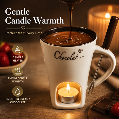 🍫 Ceramic Chocolate Fondue Mug Set – Tealight Warmer with Dipping Fork