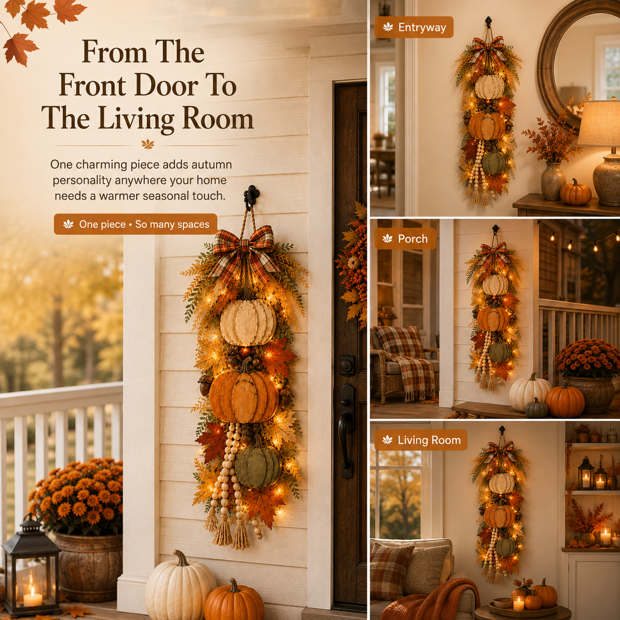 🏡🎃Rustic Wooden Pumpkin Door Hanging with Warm LED Lights