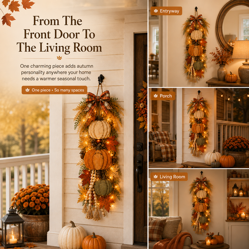 🏡🎃Rustic Wooden Pumpkin Door Hanging with Warm LED Lights