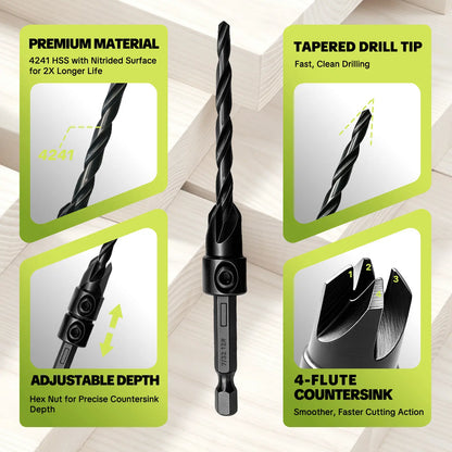 🧰🔩15-Piece Countersink Drill Bit Set – 1/4' Hex Shank, Depth Stop & Quick-Change Design