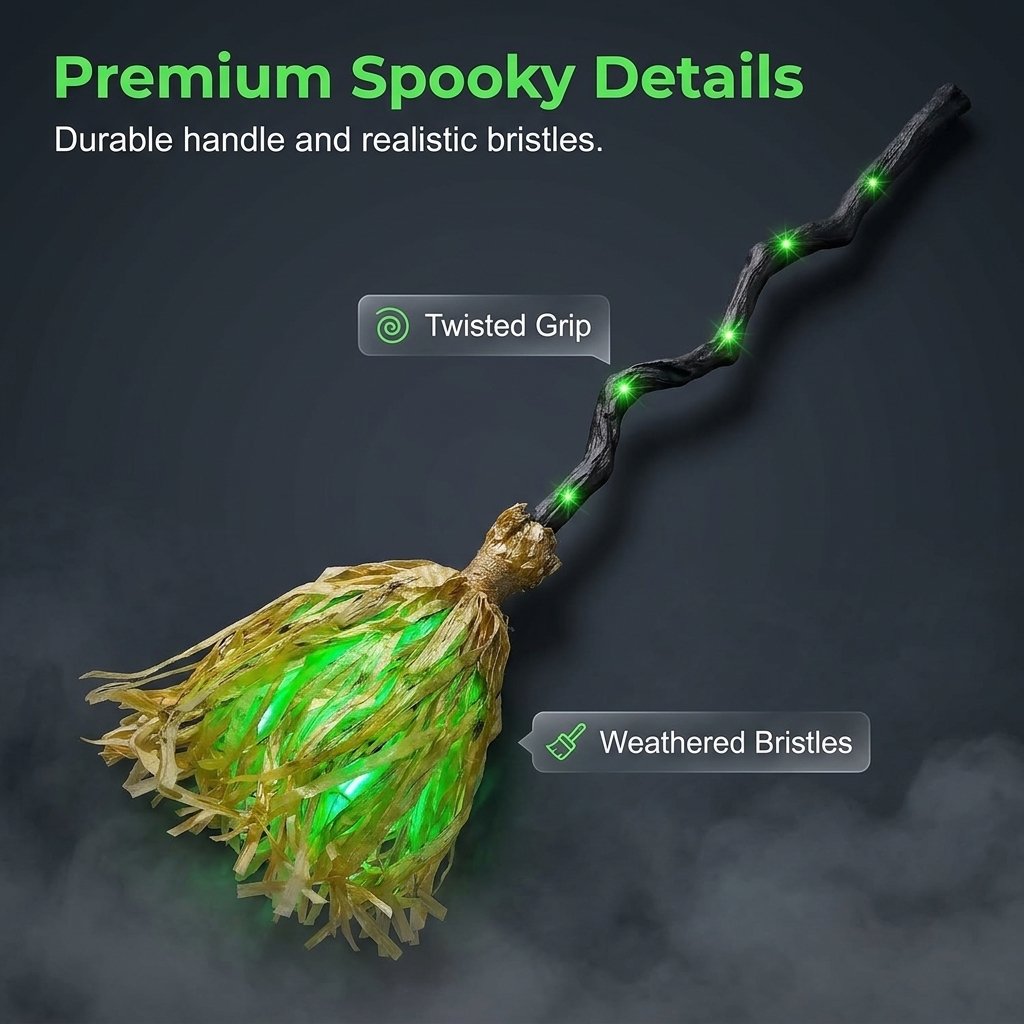 Animated Halloween Witch Broom with Lights, Sound and Motion Decor