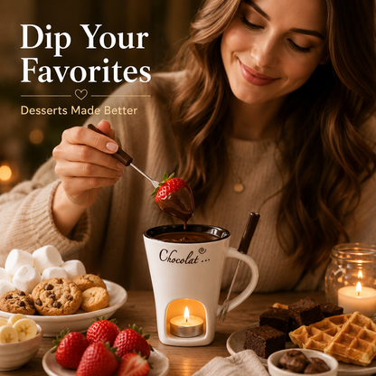 🍫 Cozy Ceramic Chocolate Fondue Mug Set – Candle Heated Dessert Cup With Fondue Fork