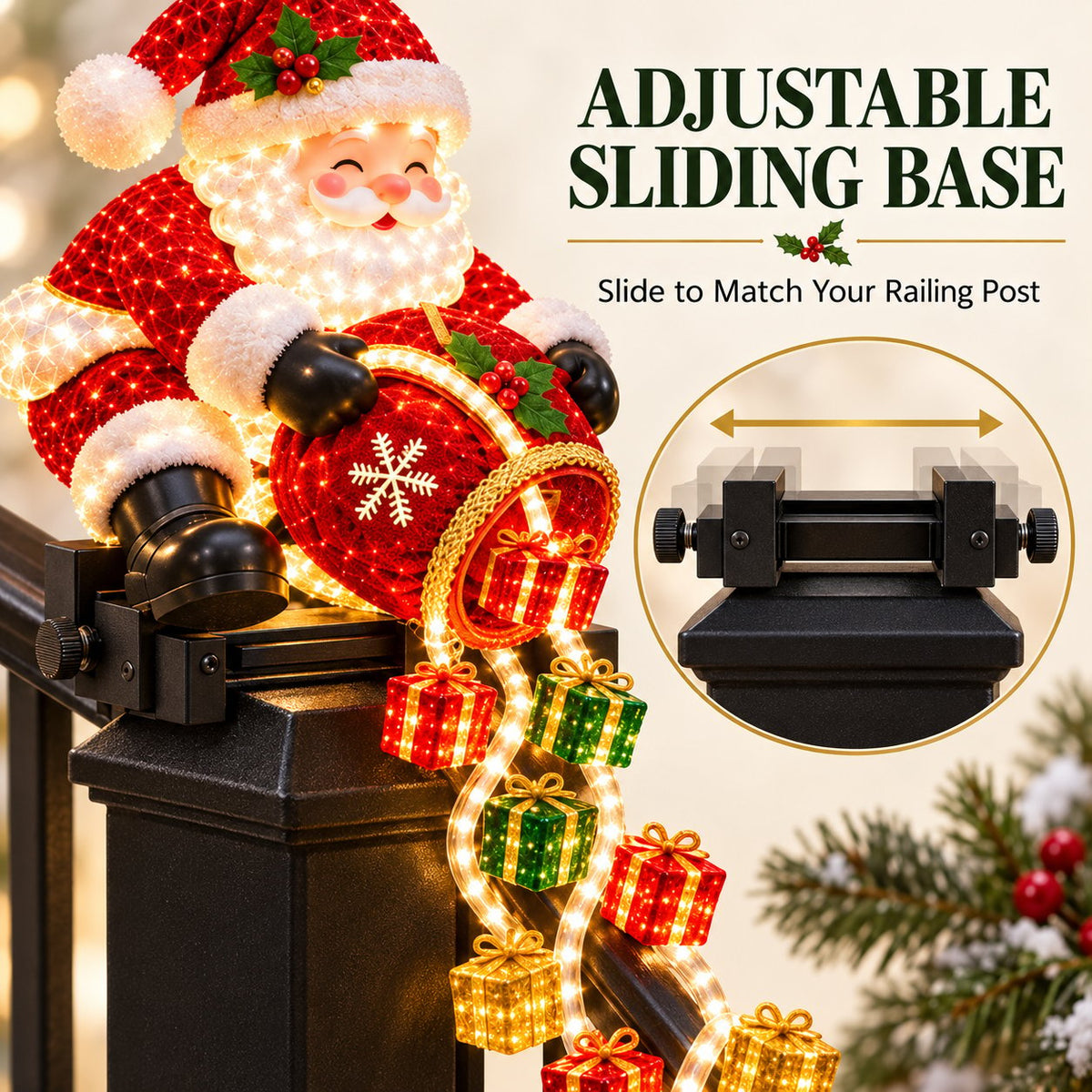 Adjustable sliding base for Santa railing topper
