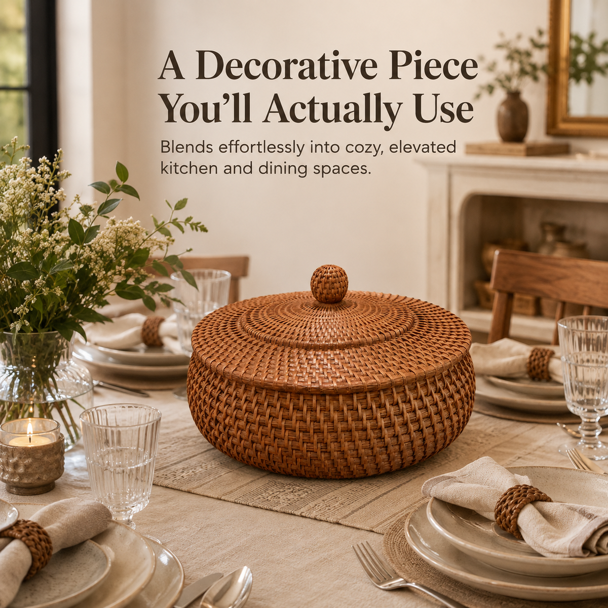 🧺 Woven Tortilla Basket With Lid – Covered Bread & Table Serving Basket