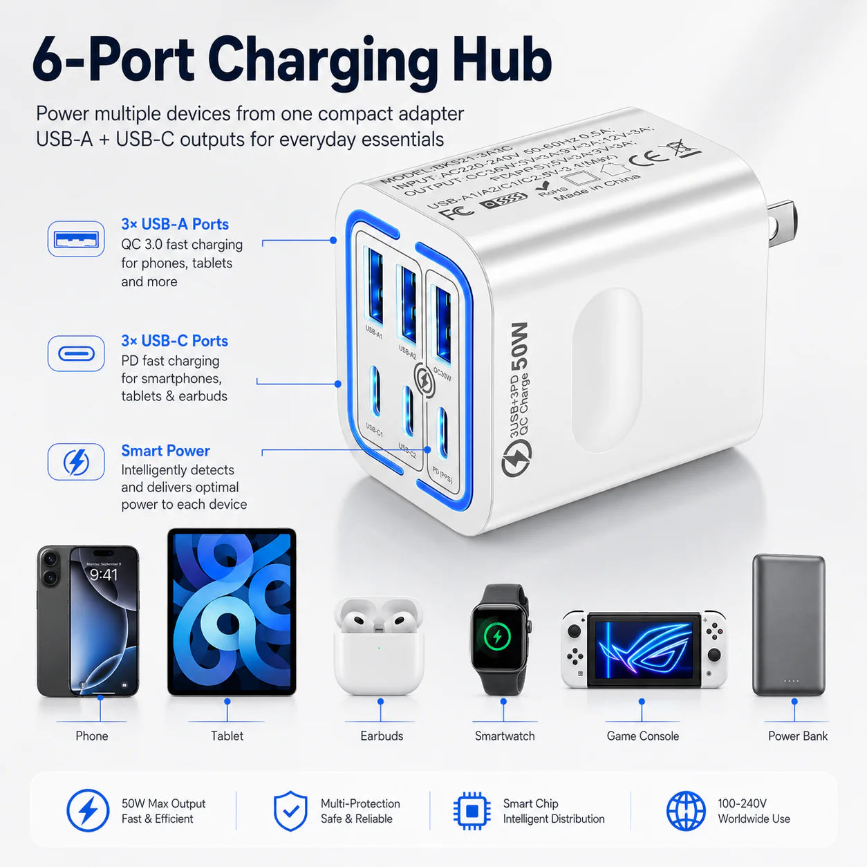 ⚡Portable Multi Port Charging Station 50W, 6-Port USB C & USB A