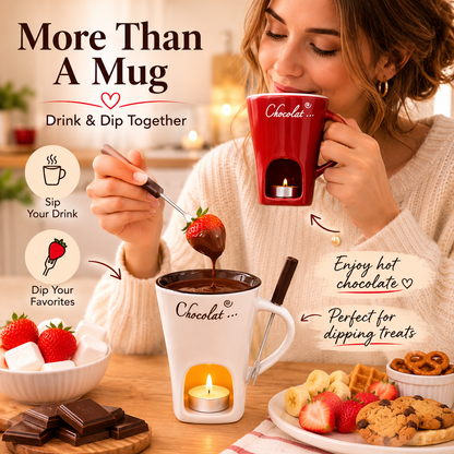 🍫 Cozy Ceramic Chocolate Fondue Mug Set – Candle Heated Dessert Cup With Fondue Fork
