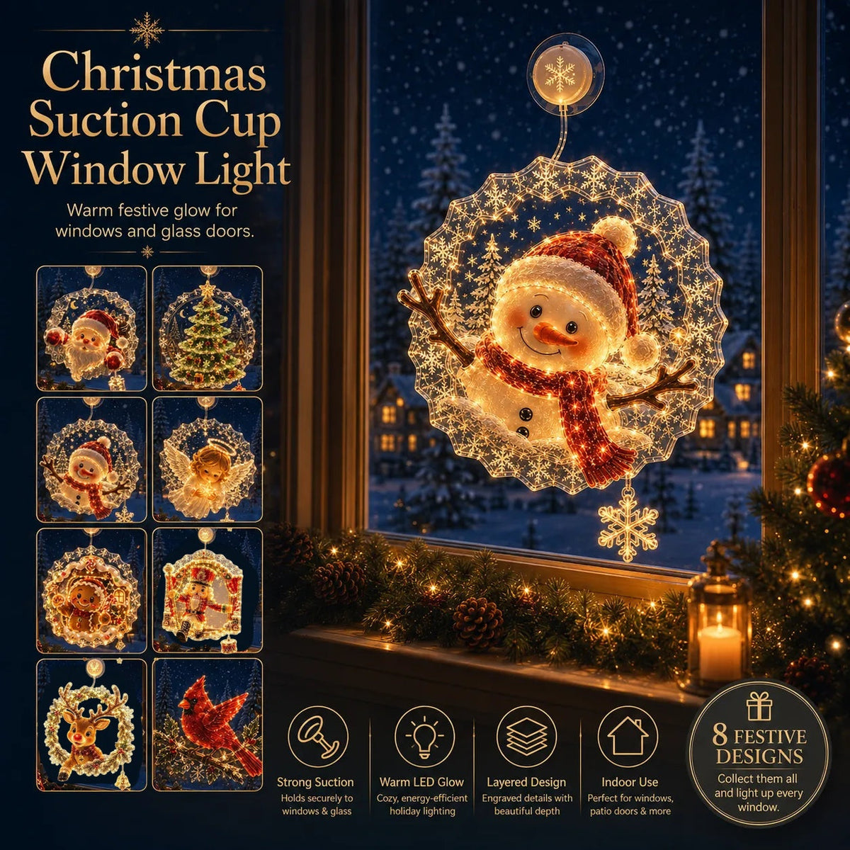 🎄 Light-Up Christmas Window Decoration – 8 Festive Suction-Cup Designs