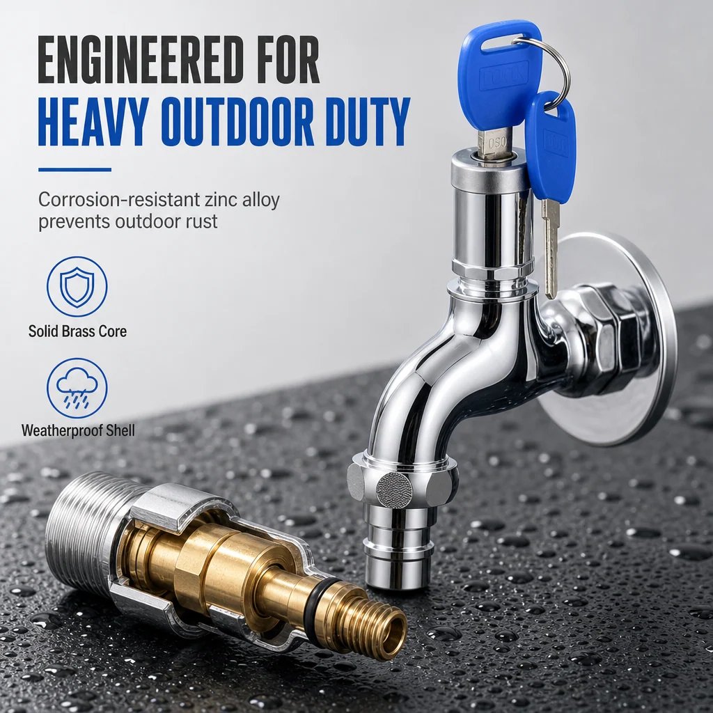 🔐 Lockable Outdoor Water Faucet with Key — Secure Metal Garden Tap for Outdoor Water Access