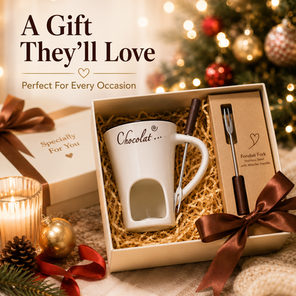 🍫 Cozy Ceramic Chocolate Fondue Mug Set – Candle Heated Dessert Cup With Fondue Fork