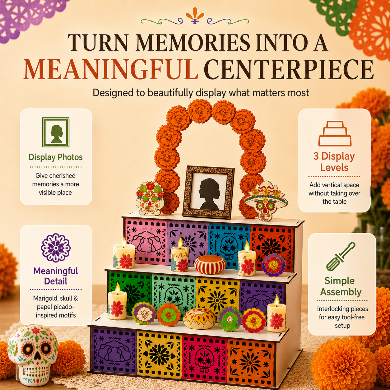 🔥Last Day 49% OFF - 🎃Day of the Dead Wooden Altar Display Set | 💕Death is not the end of life, forgetting is