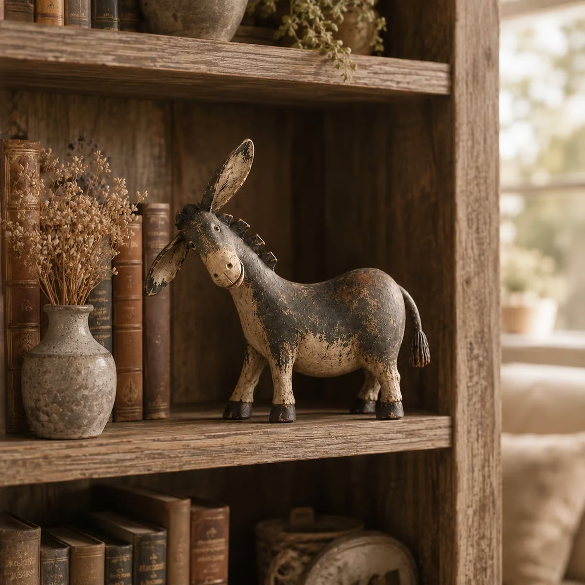 Rustic Donkey Figurine – Whimsical Farmhouse Shelf Decor 🐴