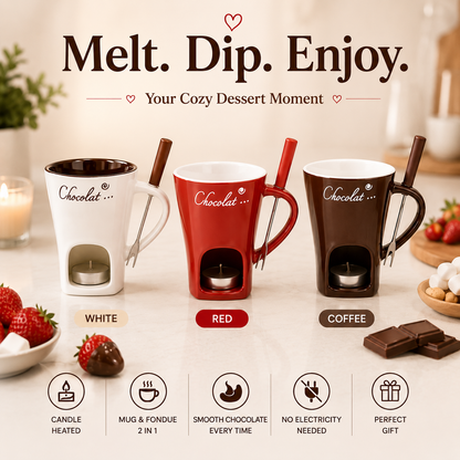 🍫 Cozy Ceramic Chocolate Fondue Mug Set – Candle Heated Dessert Cup With Fondue Fork