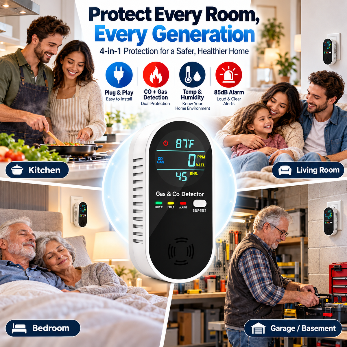 🛡️4 in 1 Gas & Carbon Monoxide Detector with Temperature and Humidity Display