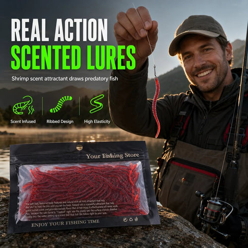 🎣Simulation Earthworm Soft Fishing Lures Shrimp Scented Artificial Worm Baits for Freshwater and Saltwater Pack of 50 or 100