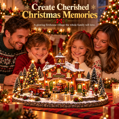 🎄 Christmas Firehouse Village™ – Warm LED Lights, Vintage Fire Trucks & Cozy Holiday Display