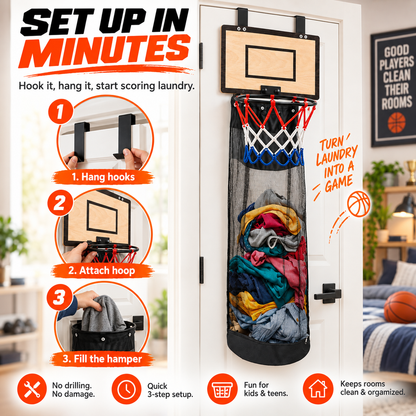 🏀Over-the-Door BasketballLaundry Hamper - Fun Space-Saving Clothes Basket