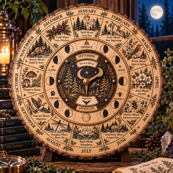 🌕 Handcrafted Wooden Moon Wheel — 12 Full Moon Names & Seasonal Nature Guide
