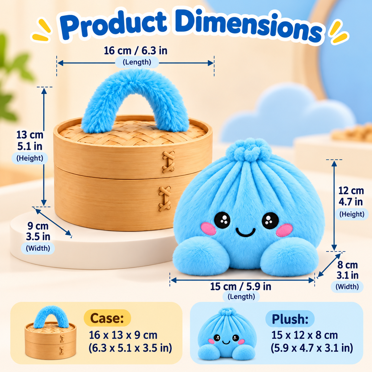 Product dimensions: plush approximately 15 by 12 by 8 cm; basket approximately 16 by 13 by 9 cm