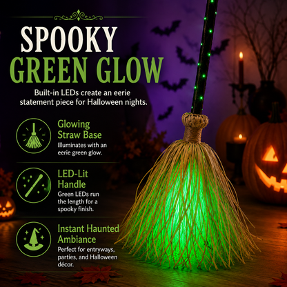 🧹 Light-Up Witch Broom Halloween Decoration – Spooky Green LED Décor