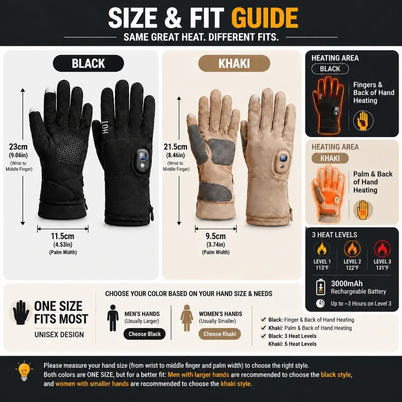 Heated glove size and fit guide showing black and khaki styles with hand measurements and heating areas