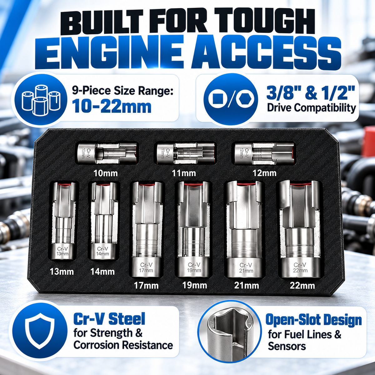 🔧9-Piece Injector & Sensor Line Socket Set – 10–22mm Open-Side Cr-V Sockets, 3/8' & 1/2' Drive