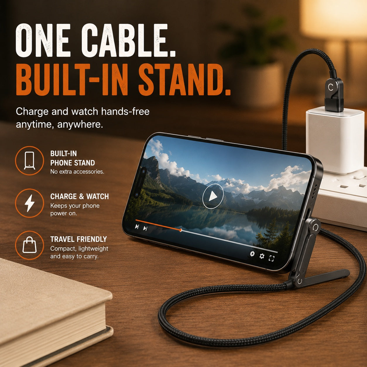 ⚡ USB-C Charging Cable with Built-In Phone Stand – Charge, Watch & Play