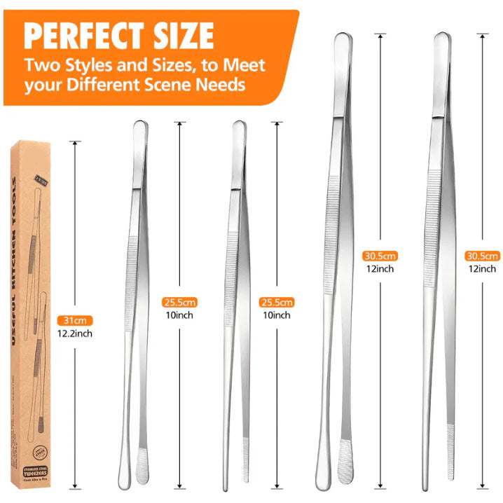 4 Pcs Fine Long Tweezer Tongs Professional Black Set,12'' and 10'' Stainless Steel for Kitchen Utensils , Food, Cooking, Repairing, Sea food and BBQ