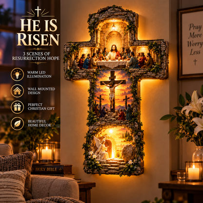 ✝️ He Is Risen – 3-Scene LED Wall Cross Lamp | Last Supper, Crucifixion & Resurrection
