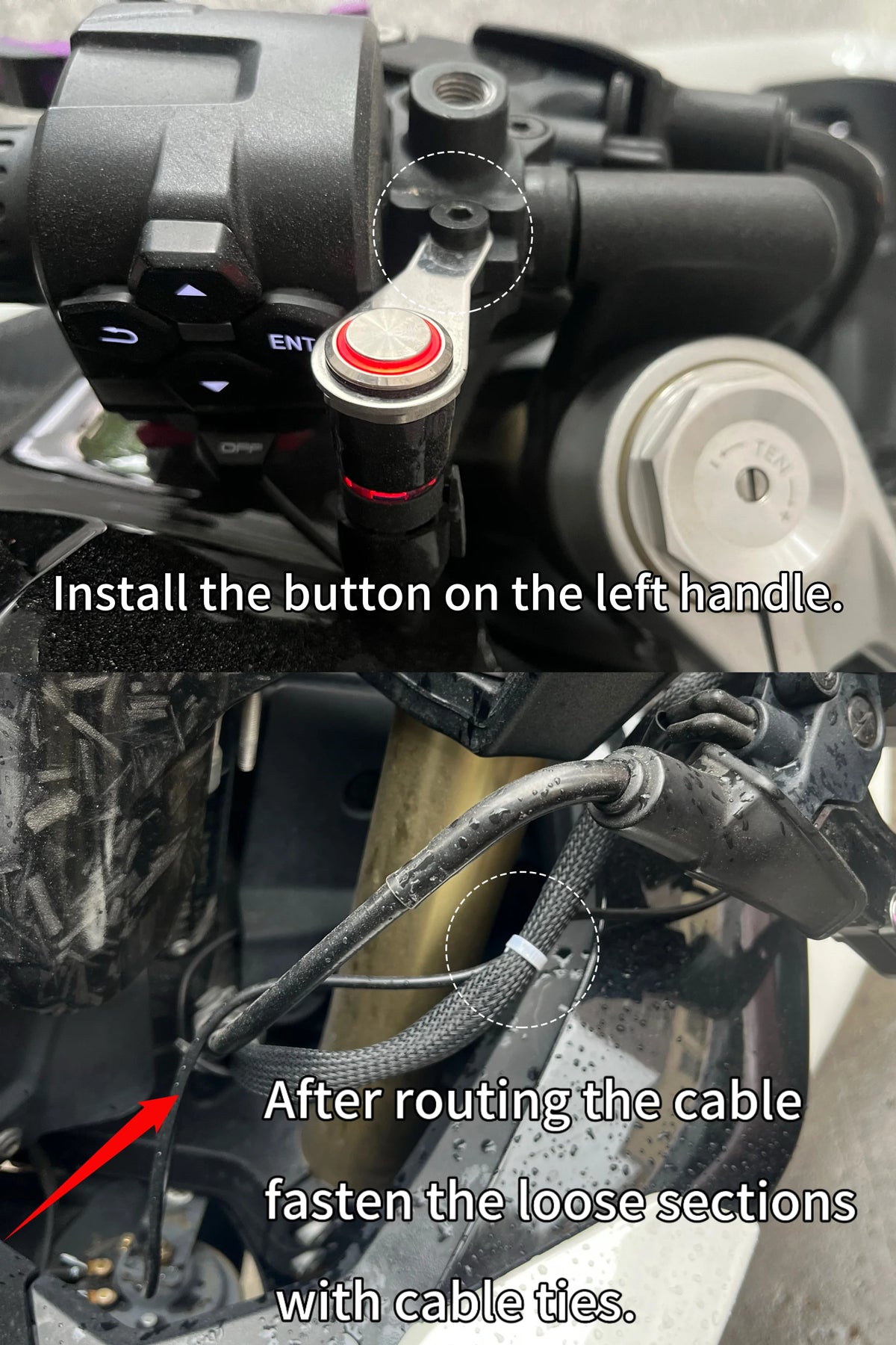 Motorcycle handlebar control button installation and cable tie routing