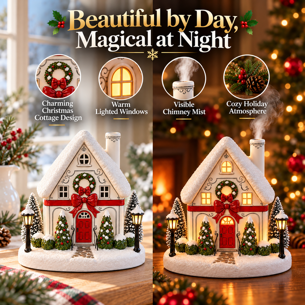 🎄 A Christmas Cottage That Comes to Life – Light-Up Aroma Diffuser with Chimney Mist