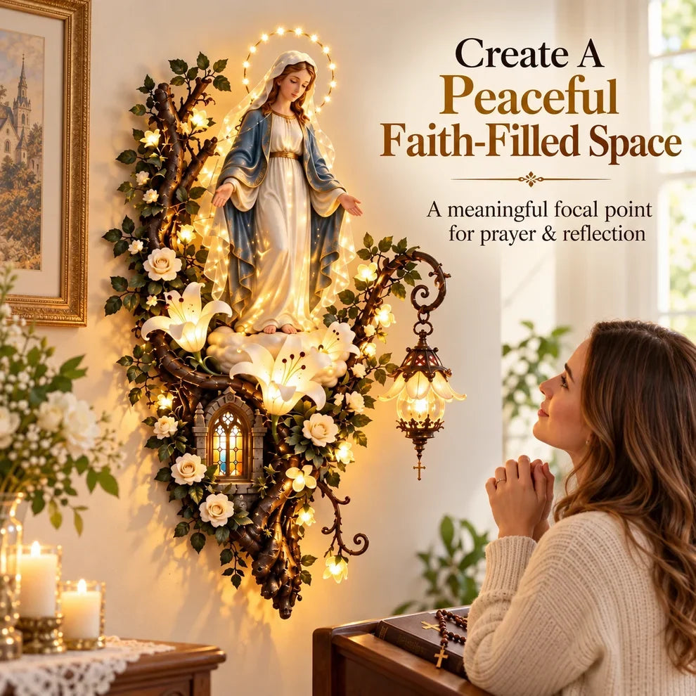 🕊️ Illuminated Virgin Mary Floral Wall Decor – Light-Up Marian Faith Wall Art