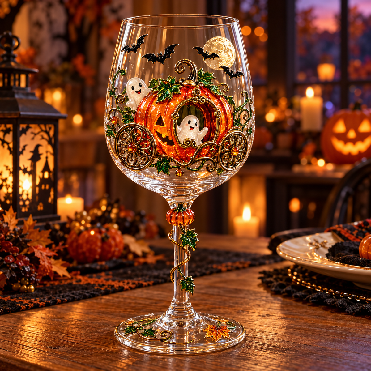 🎃 Enchanted Halloween Wine Glass – ✨ Stunning 3D Details for Spooky Sips & Magical Nights
