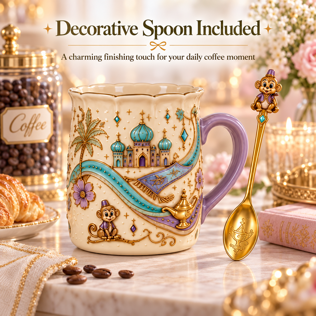 ✨ Enchanted Storybook Embossed Ceramic Mug – Matching Decorative Spoon & 5 Collectible Styles